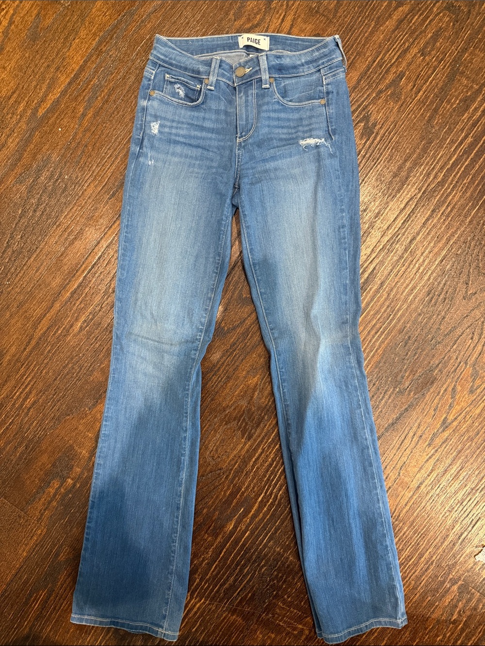 PAIGE Medium Blue Flared Jeans with Light Distressing